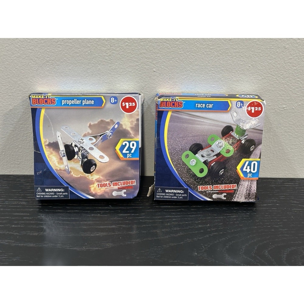 MAKE-IT BLOCKS -Lot of 2 - Metal Kit Propeller Plane & Race Car- NEW Box Damaged
